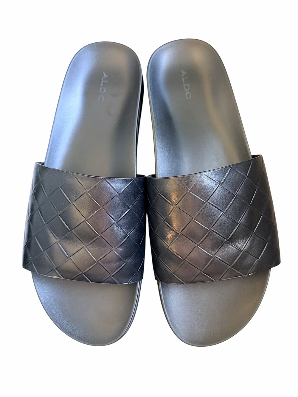 ALDO men's slides sandals, leather upper mock weave, black, open front, sz 12